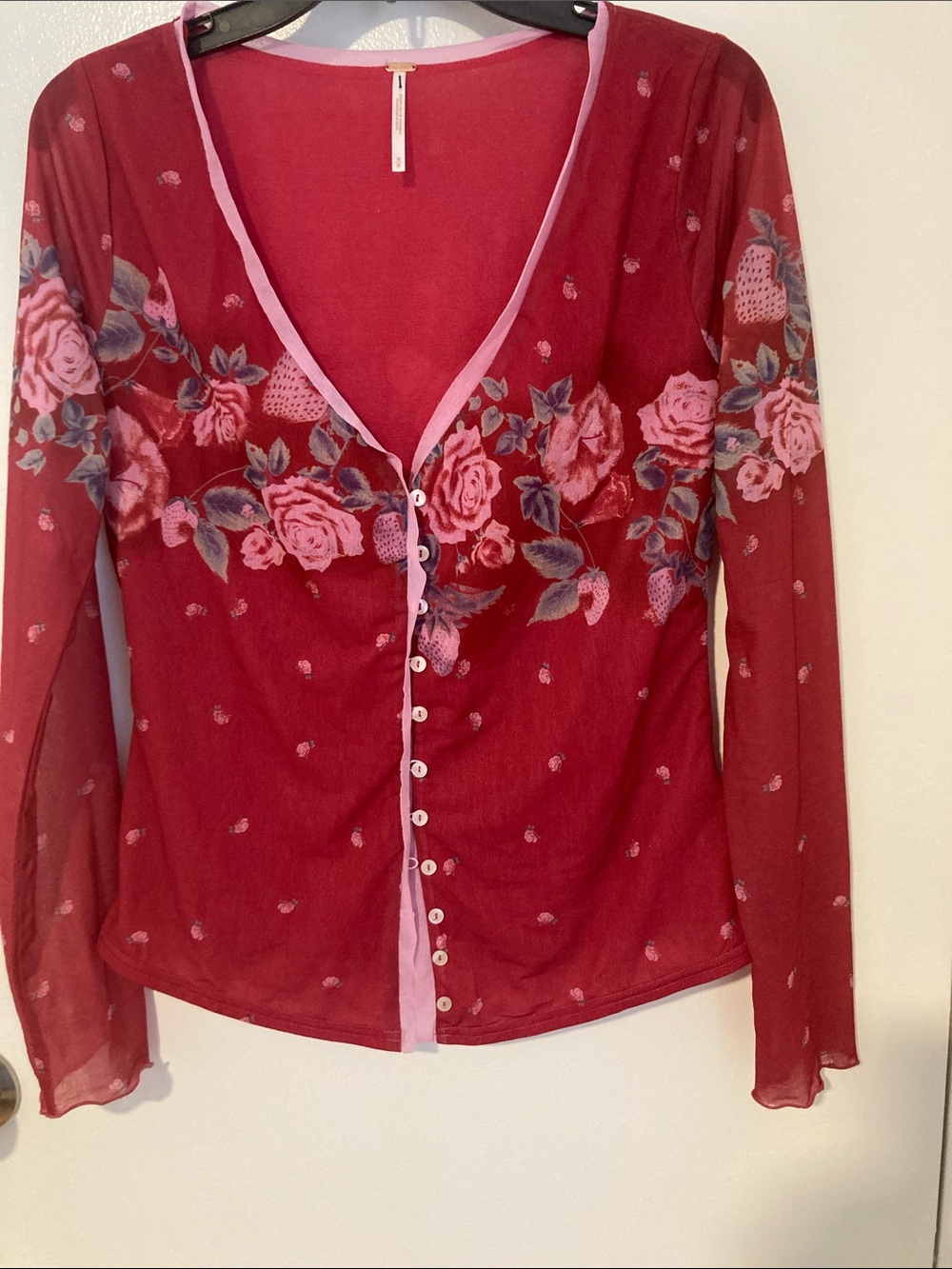 Free People Red Floral Mesh Button-Down Top